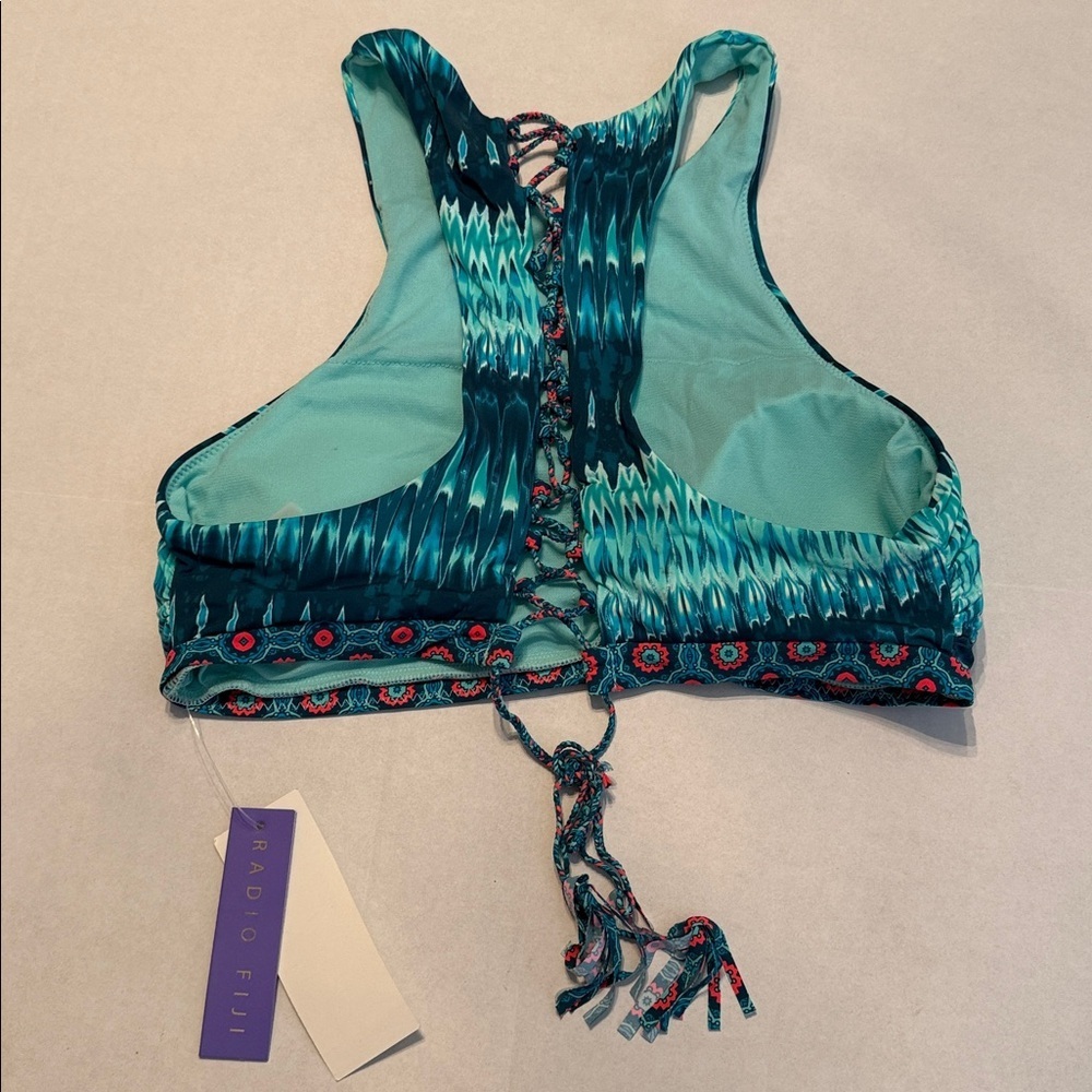 Radio Fiji Women's Yantra High-Neck Bikini Top NEW in Teal Ikat Print Size Large - Picture 2 of 7